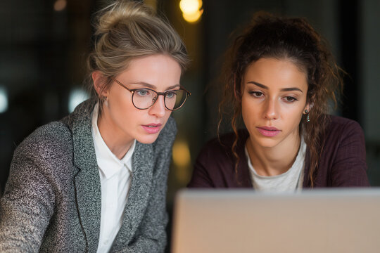 Two women collaborating on a project while working on a laptop in a modern office environment during the evening