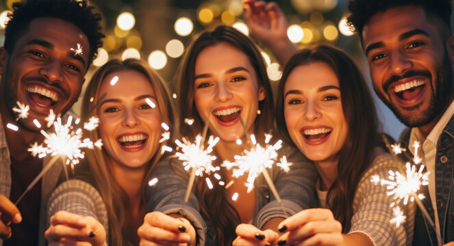 Happy group of diverse friends celebrating with sparklers at night. Young people having fun at a New Year's Eve party