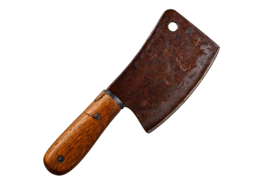 Rusty steel blade with wooden handle, isolated on transparent or white background