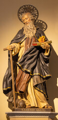 CAVA DE TIRRENI, ITALY - OCTOBER 7, 2025:The carved polychrome statue of St. Anthony the Abbot in the church Chiesa di San Francesco probably by unknown artist.