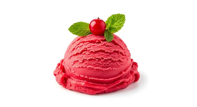 Scoop of red sorbet ice cream with cherry and mint