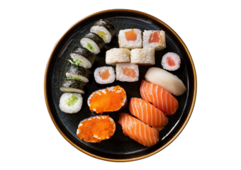 sushi plate top view full length isolated on transparent or white background