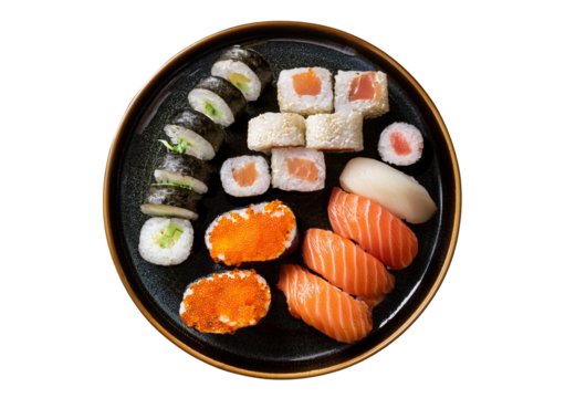 sushi plate top view full length isolated on transparent or white background
