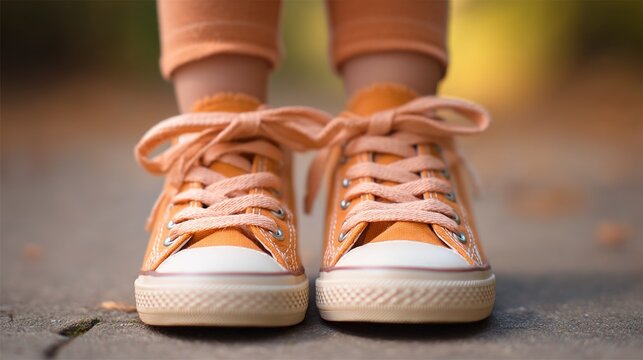 Bright orange sneakers adorn a child's feet, showcasing playful style in a sunny park. The cheerful atmosphere invites activity and exploration, making each step delightful - Powered by Adobe