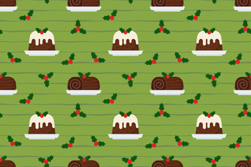Christmas pudding and yule log cake decorated with berries on a green background. Ideal for bakery packaging, wrapping paper, dessert branding, and festive food designs.