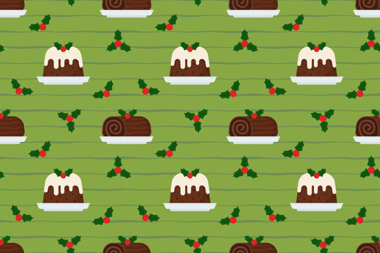 Christmas pudding and yule log cake decorated with berries on a green background. Ideal for bakery packaging, wrapping paper, dessert branding, and festive food designs.