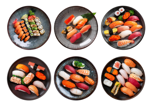 Collection sushi plate top view full length isolated on transparent or white background