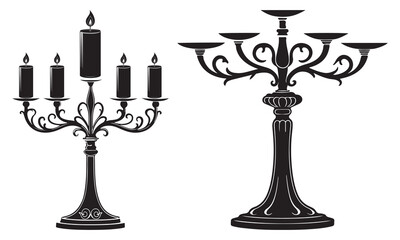 Fototapeta premium Elegant silhouette of two ornate candelabras, one with burning candles and one empty 