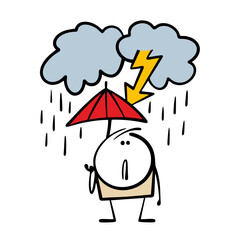 Electric shock in cartoon red umbrella. Vector illustration, clouds, heavy rain, thunder, lightning flashes. Doodle unhappy person is scared, a man or a child is in a panic.