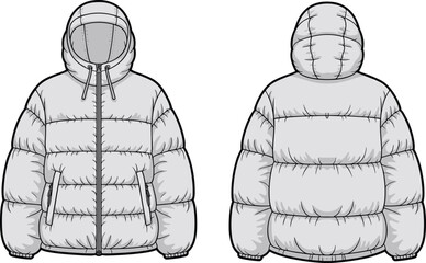 Detailed puffer jacket vector template with hood, front and back views, quilted sections, zipper closure, drawstrings, and winter outerwear design
