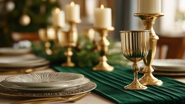 Elegant dinnerware collection featuring gold accents, ceramic plates, wine glasses, silverware, perfect for upscale events, formal dining, and stylish home decor