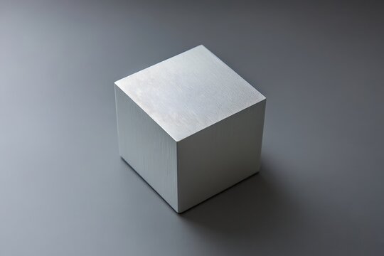 This image features a sleek, smooth metallic cube set against a simple grey background, emphasizing its minimalist aesthetic and reflective surface.