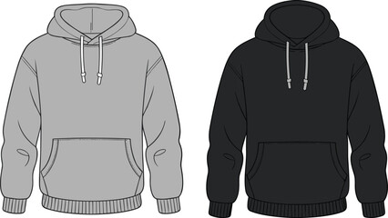 Black and gray hooded sweatshirt front view, casual unisex hoodie template, fashion apparel mockup, cad drawing flat vector © Khadija Creatives
