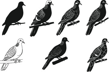 Bird illustration set, perched bird silhouettes, geometric and line art styles, artistic vector collection, branch pose, black and white graphics