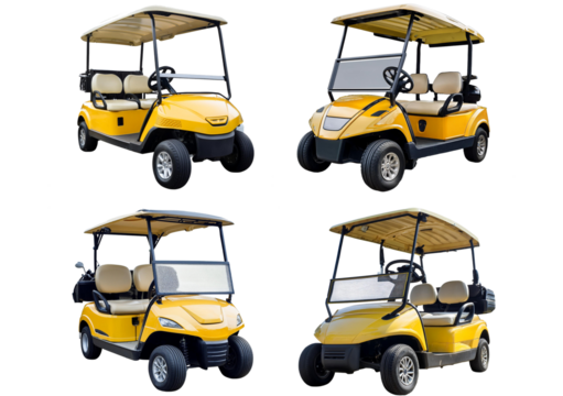 Set Yellow Golf carts isolated on a transparent or white background - Powered by Adobe