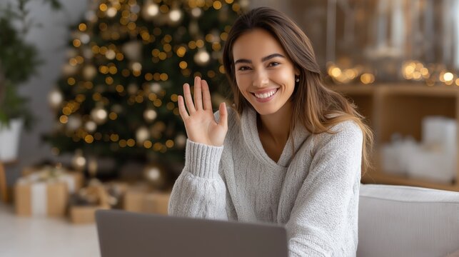 Cheerful woman smiling and waving while using a laptop in a cozy, festive home decorated for Christmas, capturing holiday cheer, relaxation, and modern lifestyle - Powered by Adobe