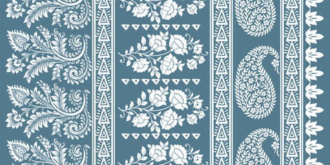 floral pattern vintage ethnic modern embroidery texture boho design vector illustration hand drawn pink flower motif branches leaves wallpaper seamless background border.   © Thitichot