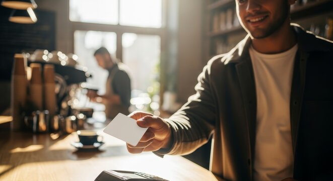 Man paying with card at coffee shop counter. - Powered by Adobe