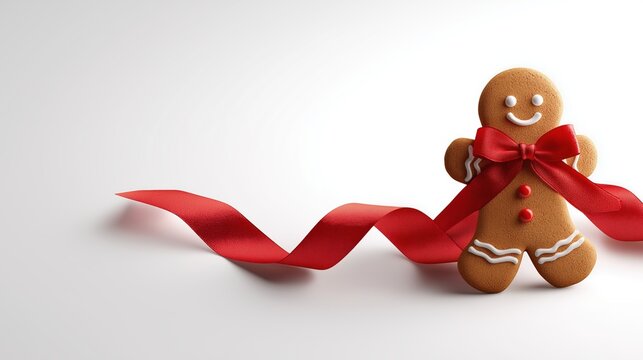 Charming gingerbread cookie with red ribbon bow, smiling face, and decorative icing, perfect for holiday celebrations, festive decoration, and seasonal treats