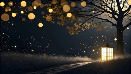 Enchanted forest path illuminated by glowing lanterns and fairy lights