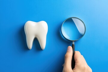 This image highlights a tooth magnified by a glass lens against a blue backdrop, emphasizing dental health and attention to oral hygiene in a clean and modern design.