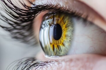 This striking close-up of an eye captures the detailed patterns of the iris and reflects emotion and depth, emphasizing the intricacies of human perception and beauty.