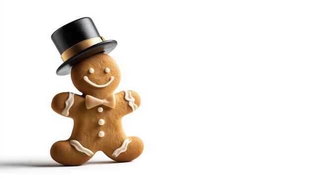 Adorable gingerbread cookie with a smiling face wearing a stylish black top hat, perfect for holiday celebrations, festive baking, and seasonal treats - Powered by Adobe