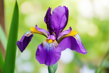 A stunning close-up of a vibrant purple iris flower blooming amidst green foliage, capturing the beauty and detail of nature in a garden setting.