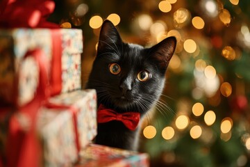 A black cat with a red bow