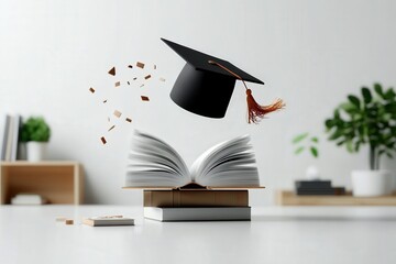 This imaginative image portrays a graduation cap levitating above an open book, symbolizing knowledge, learning, and achievement, perfect for educational content.