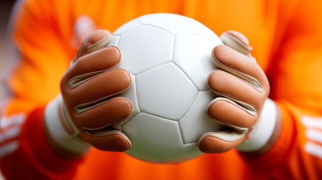 A focused soccer goalkeeper grips the ball firmly with both hands, preparing for the next play. The athlete wears bright orange gloves, showcasing their readiness and skill in the game
