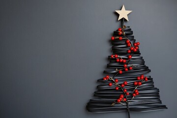 An artistic and contemporary reinterpretation of a Christmas tree crafted with black ribbon and adorned with red berries, exuding modern elegance for festive occasions.