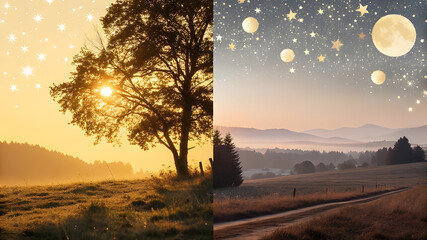 Split scene golden sunrise over rolling hills meets starry night sky