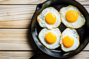 Four perfectly fried eggs in a cast iron skillet, showcasing their vibrant yolks and crispy edges, ideal for a delicious breakfast or brunch presentation.