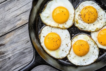 A cast iron skillet showcasing four fried eggs seasoned with black pepper, demonstrating a classic and appealing look for breakfast lovers everywhere.