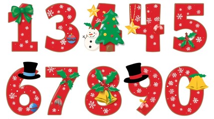 A set number 0 to 9 Christmas theme in red color with green Christmas trees, snowflakes and snow, decorated by ribbon, snowman, party hat, ornament and bells. Transparent background.