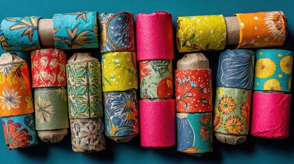 A bunch of toilet paper rolls on a blue wall