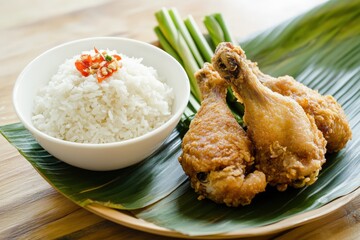 A mouth-watering plate of crispy fried chicken drumsticks served alongside fluffy white rice, garnished with fresh vegetables, representing a delicious and satisfying meal.