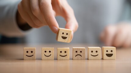 hand choosing happy face wooden block