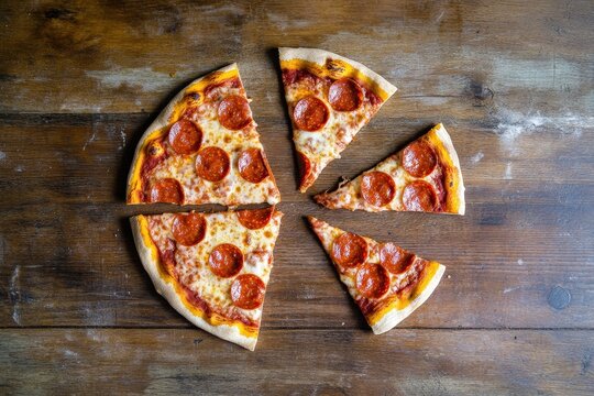 A mouth-watering pepperoni pizza is neatly sliced into wedges, featuring a well-baked crust and gooey cheese, making it perfect for food-themed projects and culinary artwork.