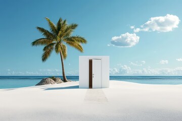 An open door on a beach creates a striking visual, inviting viewers into a serene paradise that blends elements of nature, freedom, and endless possibilities for adventure.