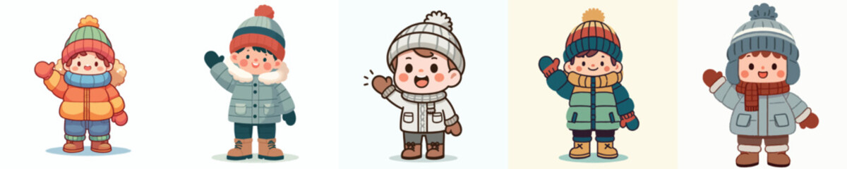 vector little boy waving hand in thick winter clothes