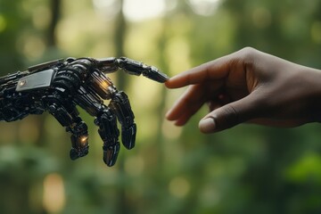 The touching hands of a human and a robotic arm symbolize the connection between humanity and technology, evoking themes of collaboration, advancement, and future possibilities.