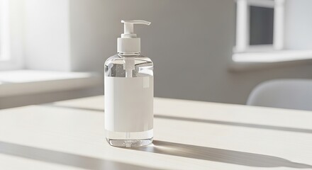 Hand sanitizer bottle on a white table in bright sunlight.