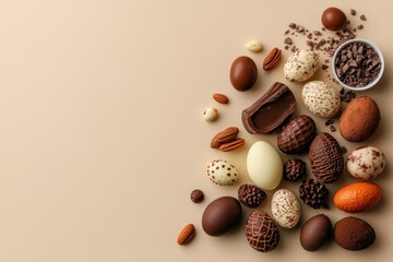 This image showcases an exquisite arrangement of various chocolates and treats, creating a visually appealing display for confectionery lovers and dessert enthusiasts.