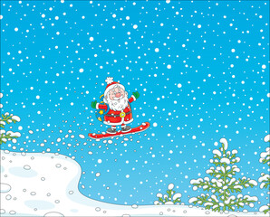 Santa Claus snowboarder flying with Christmas gifts in his magic bag, vector cartoon illustration