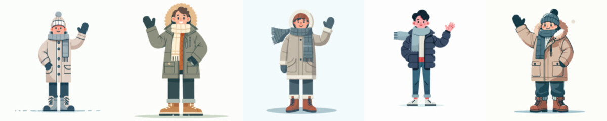 vector man waving hand in thick winter clothes