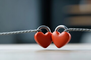 Two heart-shaped padlocks resting on a wooden surface, symbolizing love and connection, united by a grey thread, set against a soft-focus background for a romantic feel.