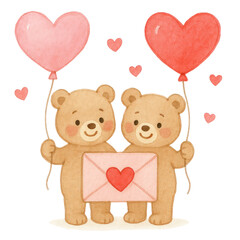 Cute watercolor teddy bear couple illustrations painted in soft pastel tones. Adorable bears showing sweet, loving poses on a clean white background, perfect for nursery art, Valentine cards, stickers