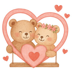 Cute watercolor teddy bear couple illustrations painted in soft pastel tones. Adorable bears showing sweet, loving poses on a clean white background, perfect for nursery art, Valentine cards, stickers
